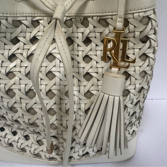 Ralph Lauren Woven Leather Debby Tassel Logo Drawstring Shoulder Bag Bucket Tote - Picture 6 of 16